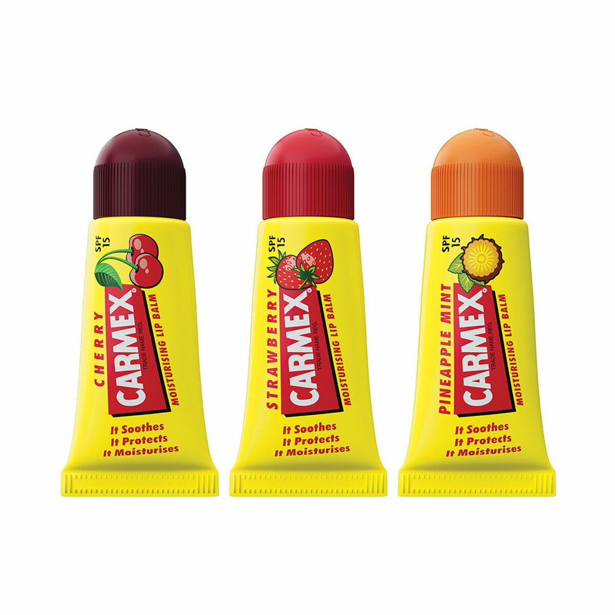 Baume à lèvres Carmex hydratant, saveurs Cerise, Fraise, Ananas, protection SPF 15, 3 pièces.