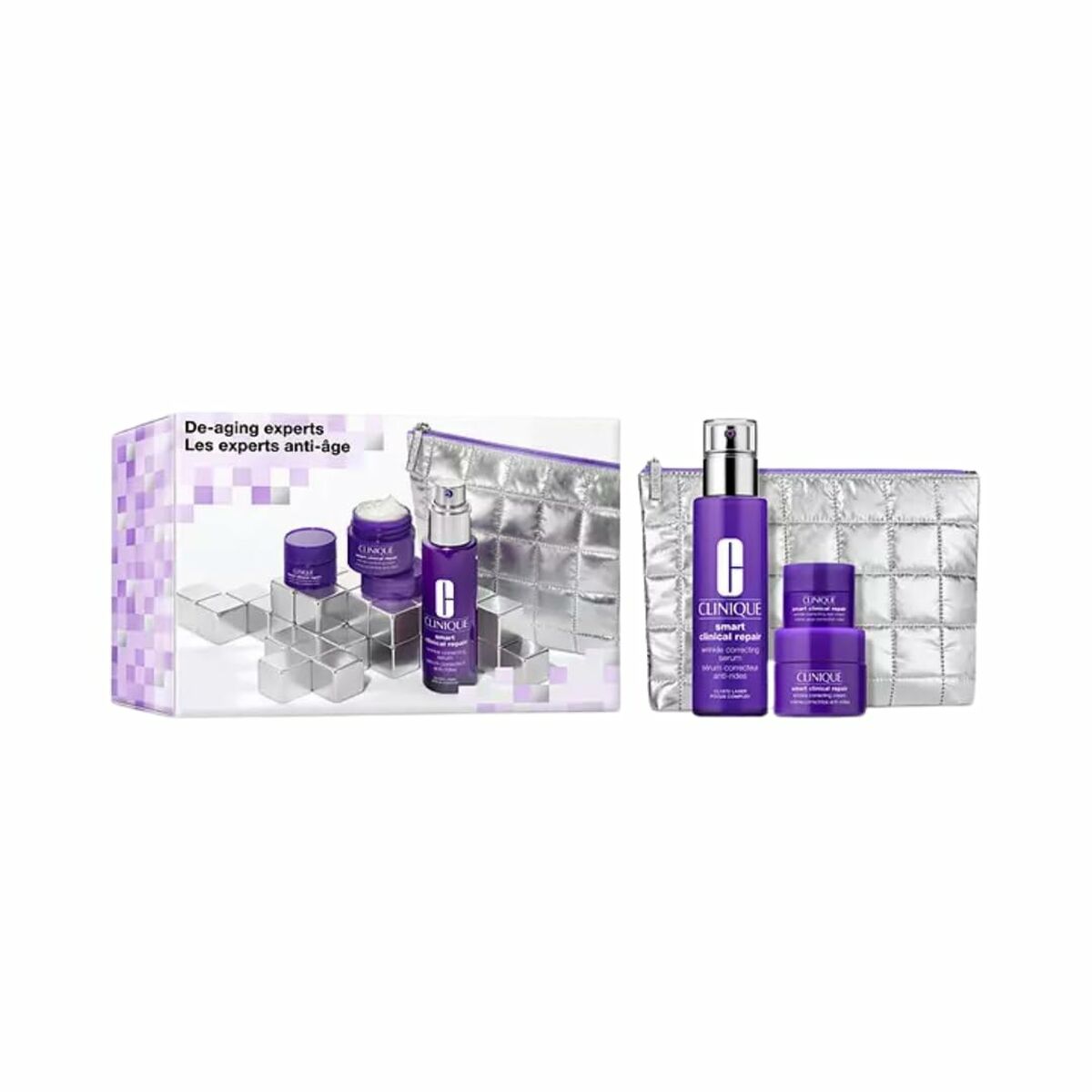 Sérum antirides Clinique SMART CLINICAL 4 pièces avec trousse de toilette, soins anti-âge en format doseur.