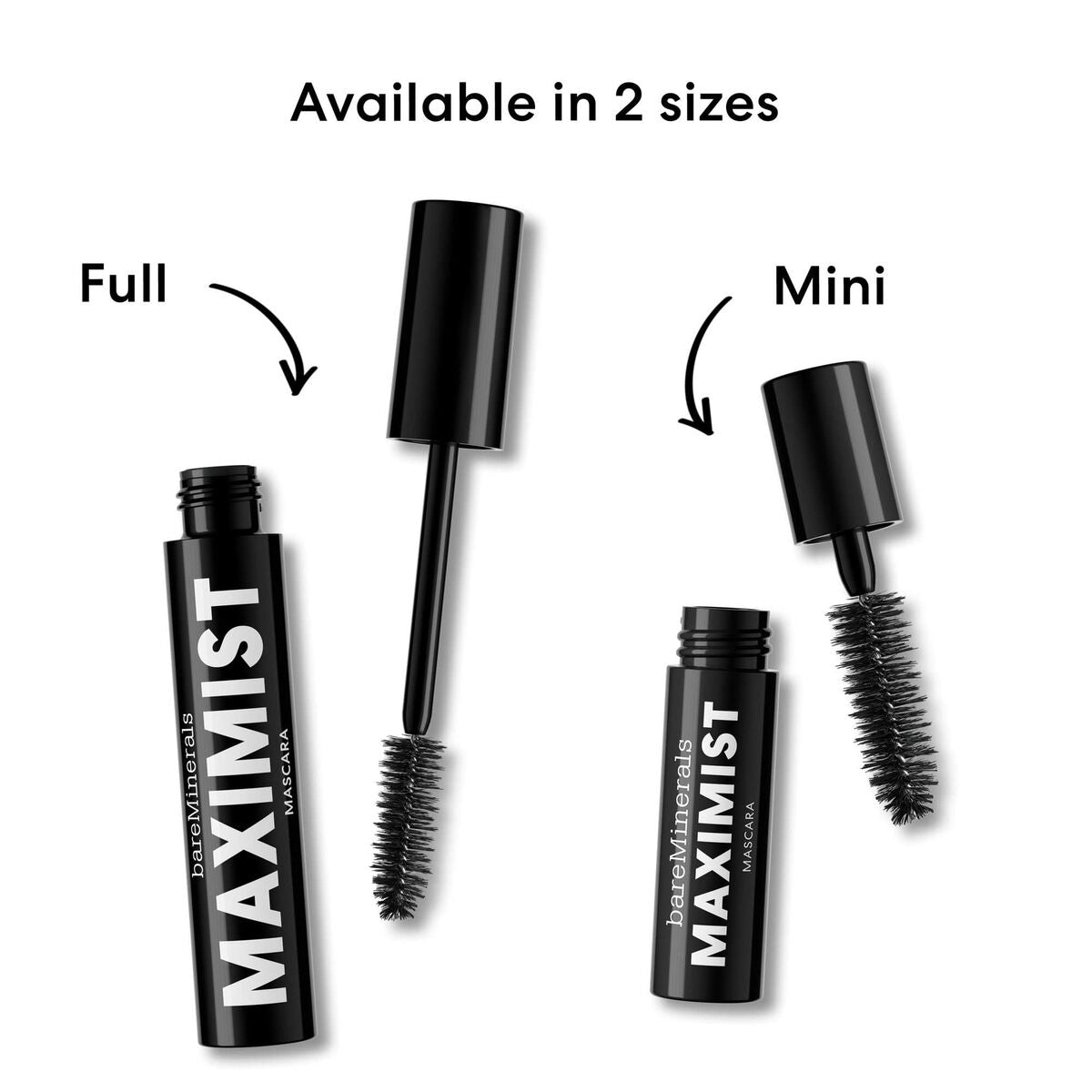bareMinerals MAXIMIST mascara available in full and mini sizes, showcasing sleek packaging and applicators.