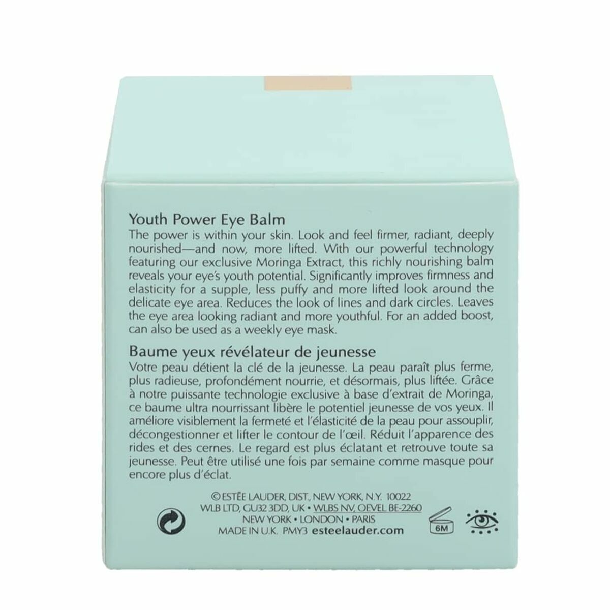 Estee Lauder Youth Power Eye Balm box design with product benefits and usage instructions.