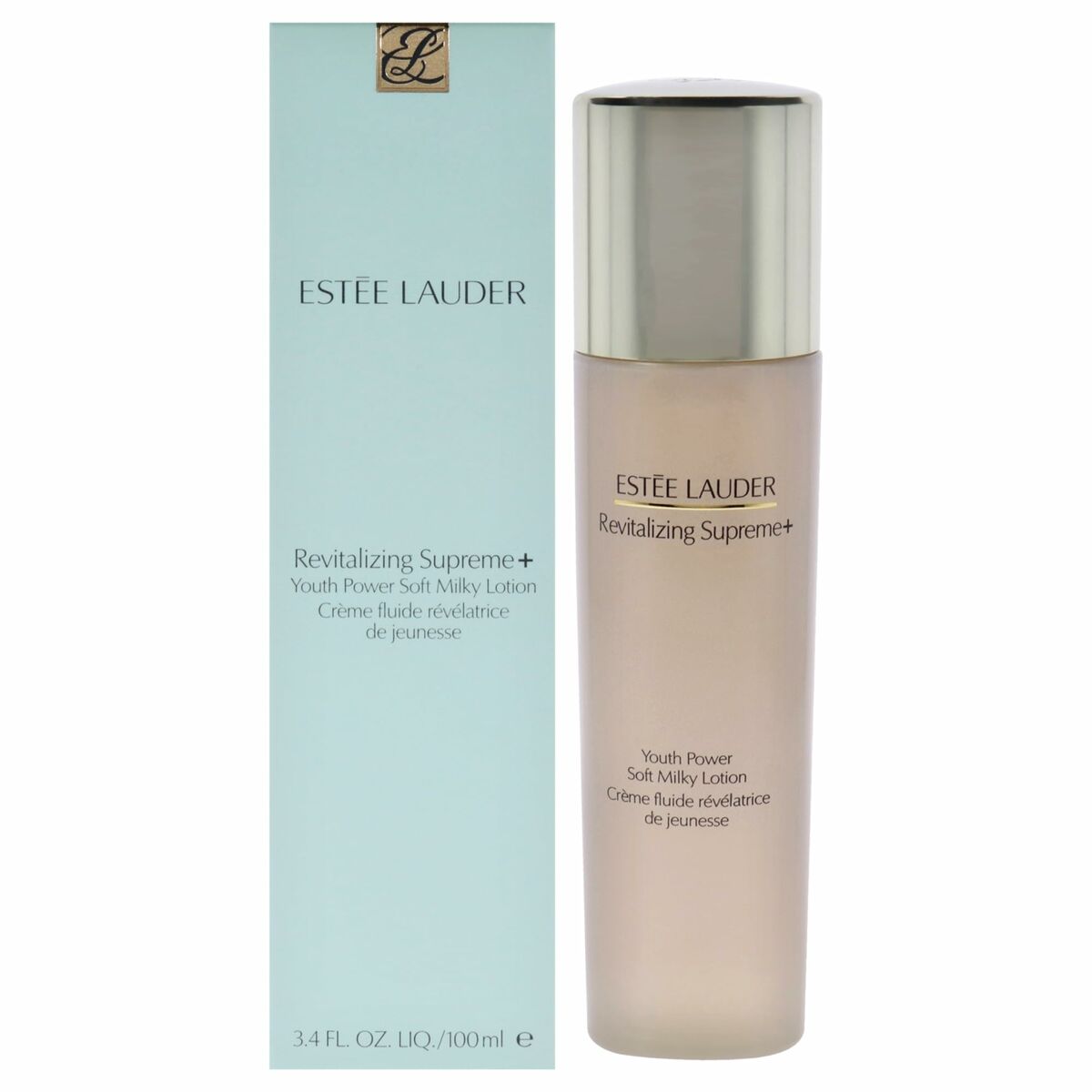 Estee Lauder Revitalizing Supreme+ Youth Power Soft Milky Lotion 100ml with packaging for skincare.