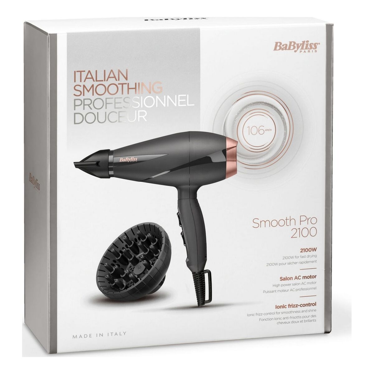 Sèche-cheveux Babyliss Smooth Pro 2100 W avec diffuseur, ioniques et moteur AC, design moderne.