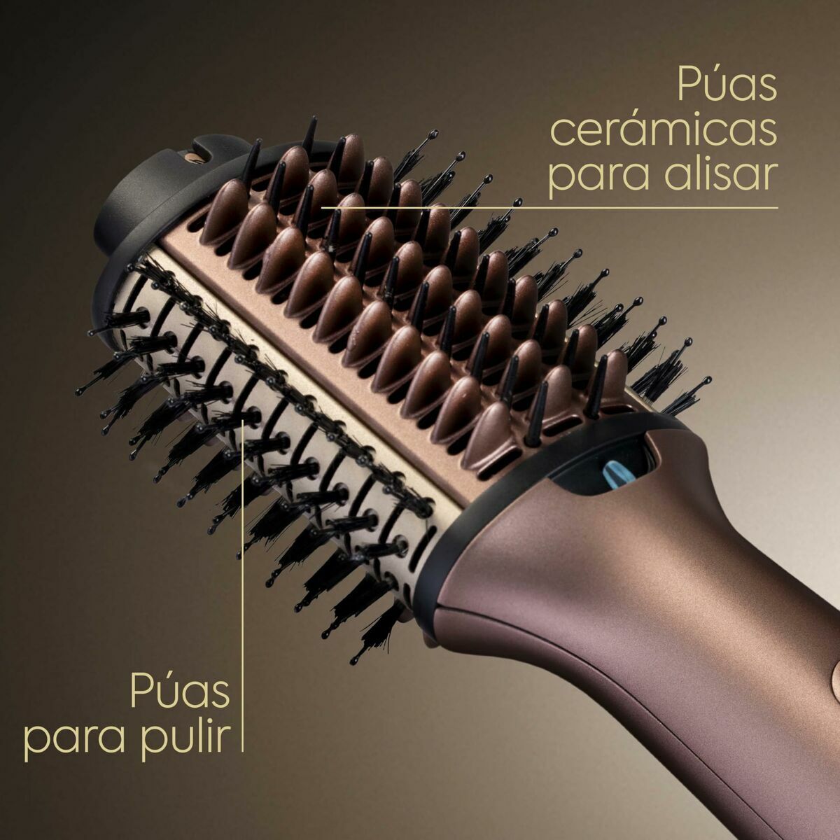 Close-up of Babyliss AS95E hairbrush with ceramic bristles for straightening and polishing hair.