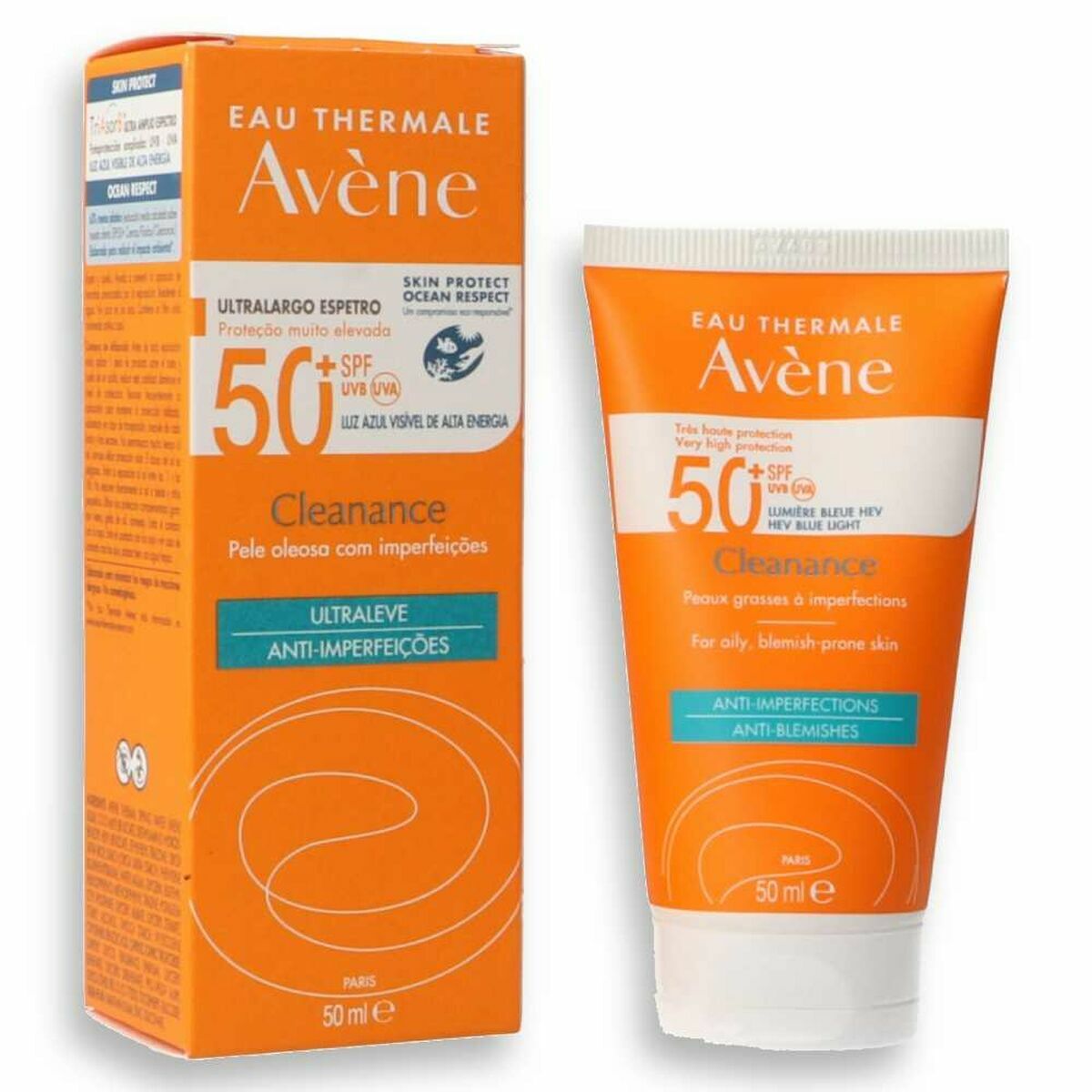 Lotion corporelle Avene Cleanance 50 ml, protection solaire pour peau grasse, anti-imperfections, en tube, parapharmacie.