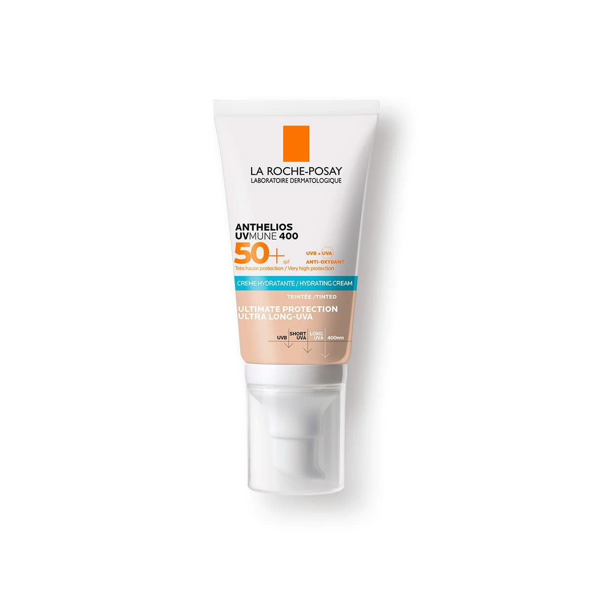 Crème solaire La Roche-Posay Anthelios Uvmune 50 ml, protection SPF 50, crème hydratante teintée pour une peau bronzée.