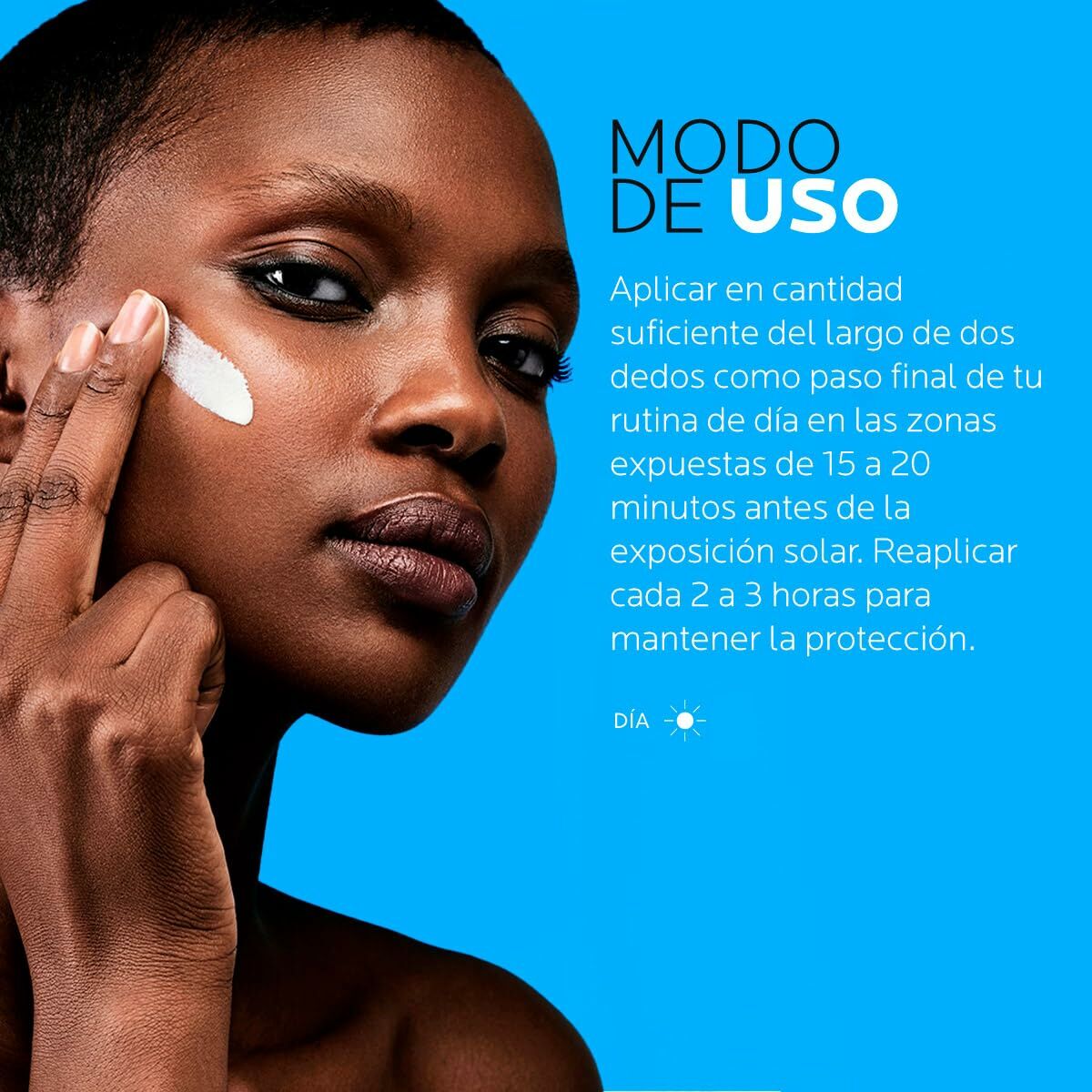 Modèle utilisant une crème solaire sur son visage, montrant des instructions sur l'application.