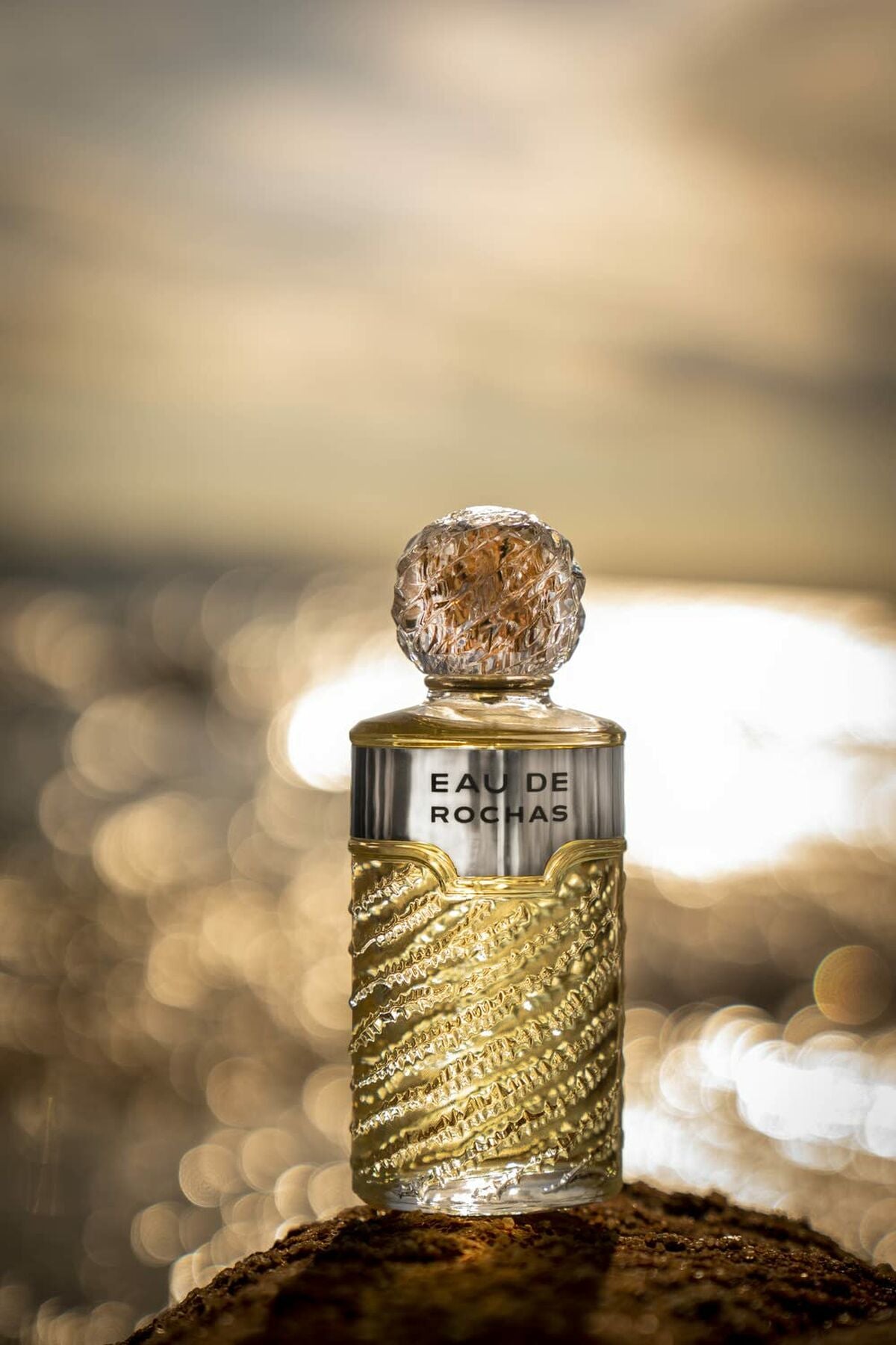 Flacon de parfum Eau De Rochas RC001A01 avec bouchon élégant, sur fond flou de lumière naturelle, capacité 100 ml.