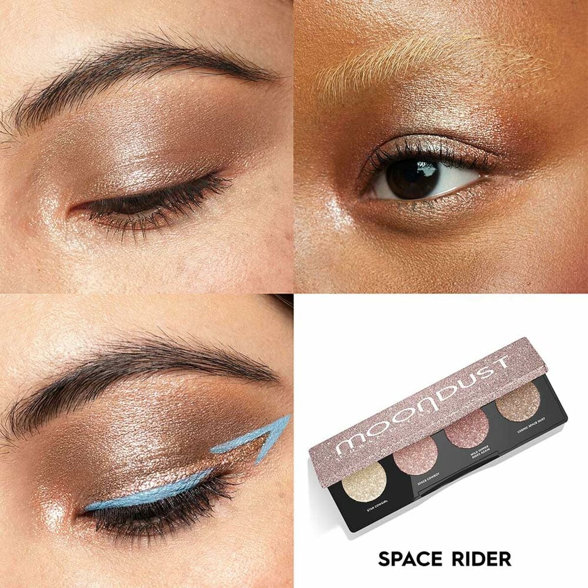 Ombre à paupières Urban Decay GLITTER Space Rider montrée sur des yeux avec palette Moon Dust en bas à droite.