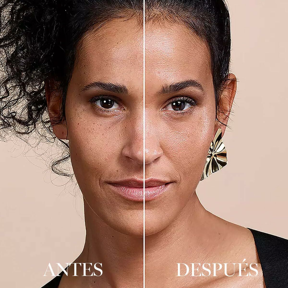 Before and after makeup transformation showcasing glowing skin and elegant earrings on model.