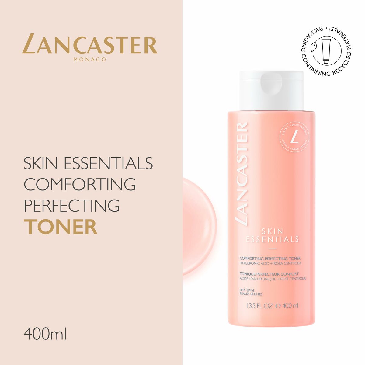 Lancaster Skin Essentials Comforting Perfecting Toner 400ml for dry and sensitive skin, promoting a radiant complexion.