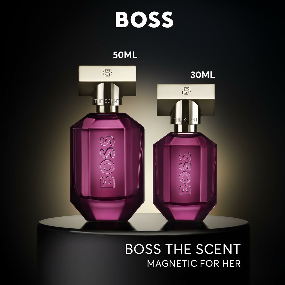 Hugo Boss The Scent for Her perfume in 30ml and 50ml bottles, showcasing unisex fragrance design.