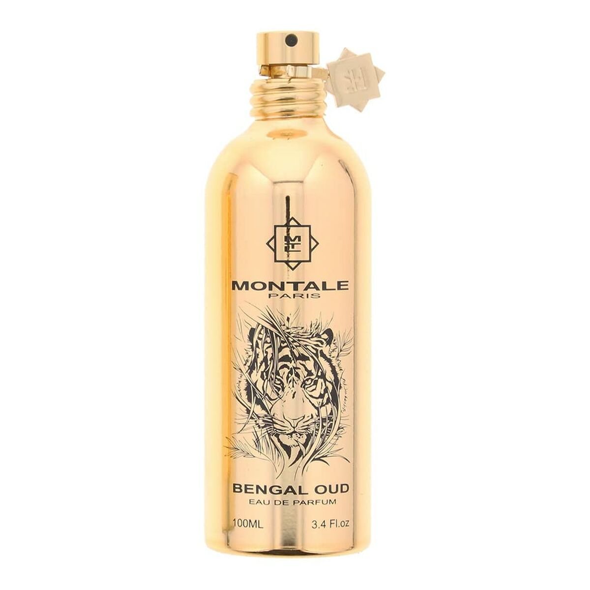 Flacon de parfum Montale Bengal Oud EDP, 100 ml, unisexe, au design doré avec motif de tigre.