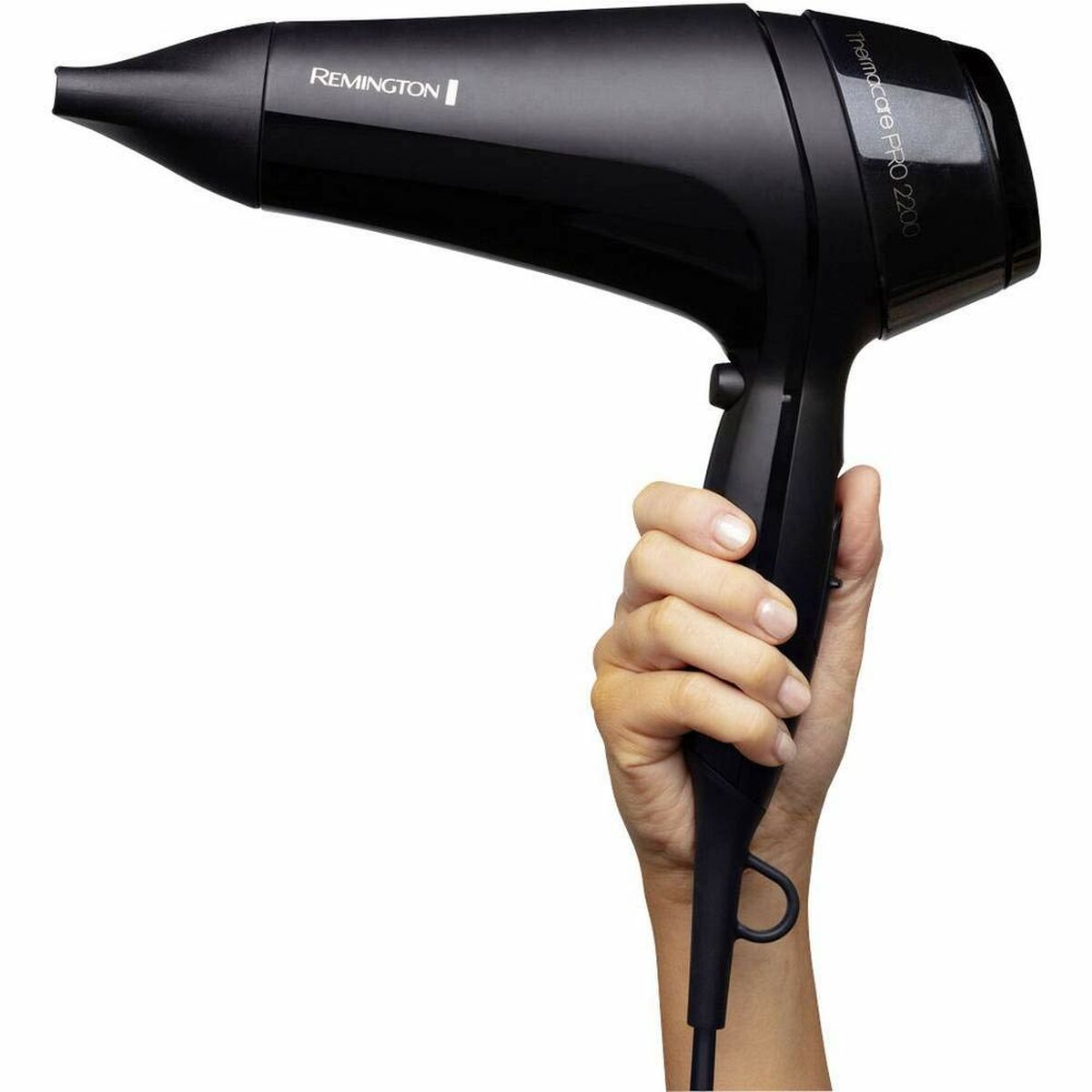 Sèche-cheveux Remington D5710 blanc et noir, modèle 2000 W, tenu à la main, design élégant et compact.