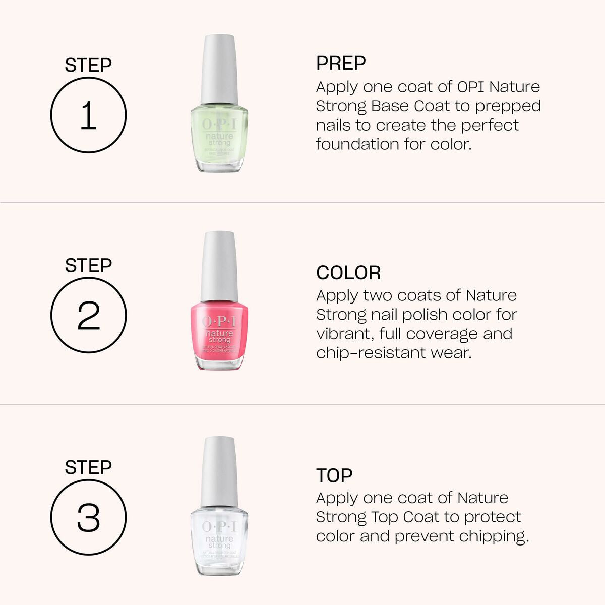 Guide showing three steps for using OPI Nature Strong nail polish: prep, color, and top coat application.