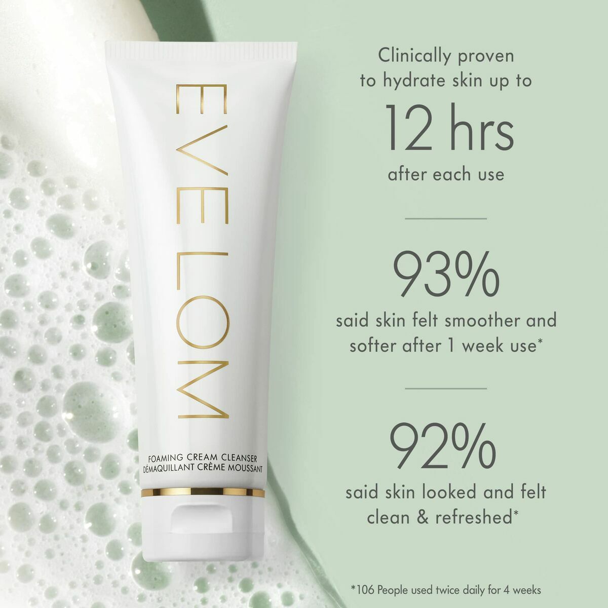 Eve Lom Foaming Cream Cleanser tube on a bubbly background, highlighting hydration and skin smoothing benefits.