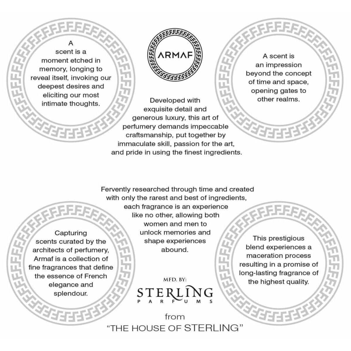 White circular design featuring the Armaf logo and text about the craftsmanship and elegance of Armaf perfumes.