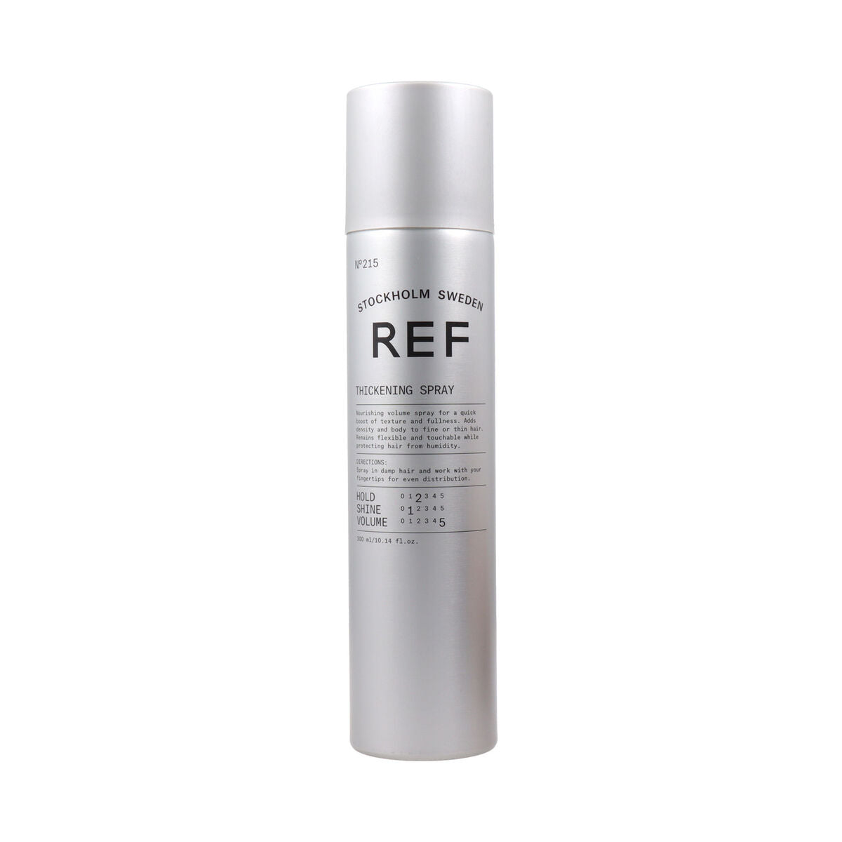 Spray REF Thickening 215 300 ml for volume and texture, vegan and unisex hair product in sleek packaging.