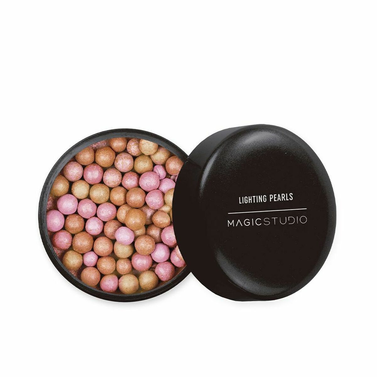 Perles illuminantes Magic Studio 25625 dans un boîtier noir, mélange de billes roses et dorées pour un teint radiant.