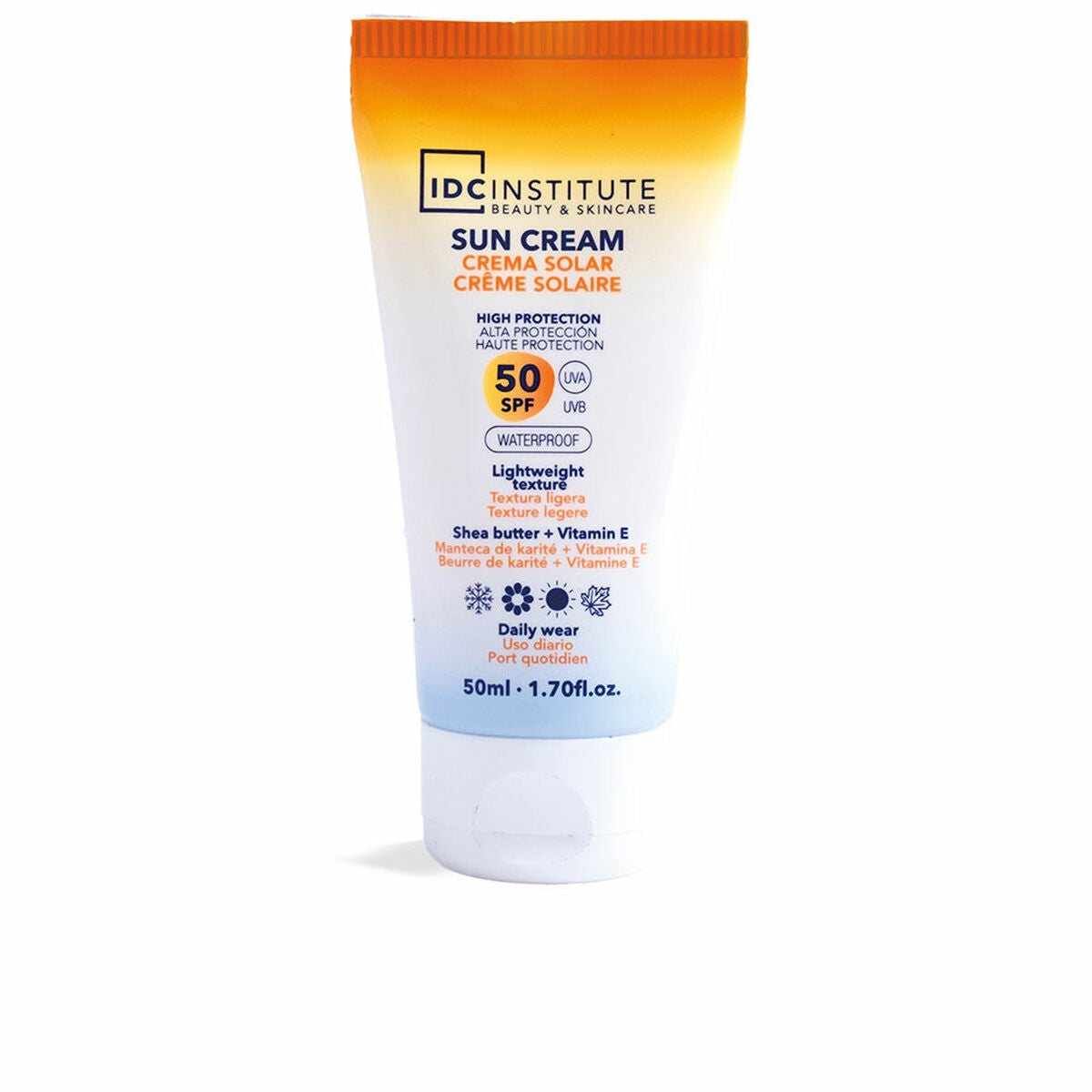 Protecteur Solaire IDC Institute SUN CREAM SPF 50, 50 ml, crème légère et waterproof, enrichie en beurre de karité.