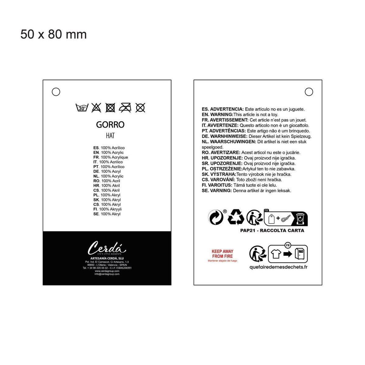 Care instructions and material details for 100% acrylic bonnet de douche.