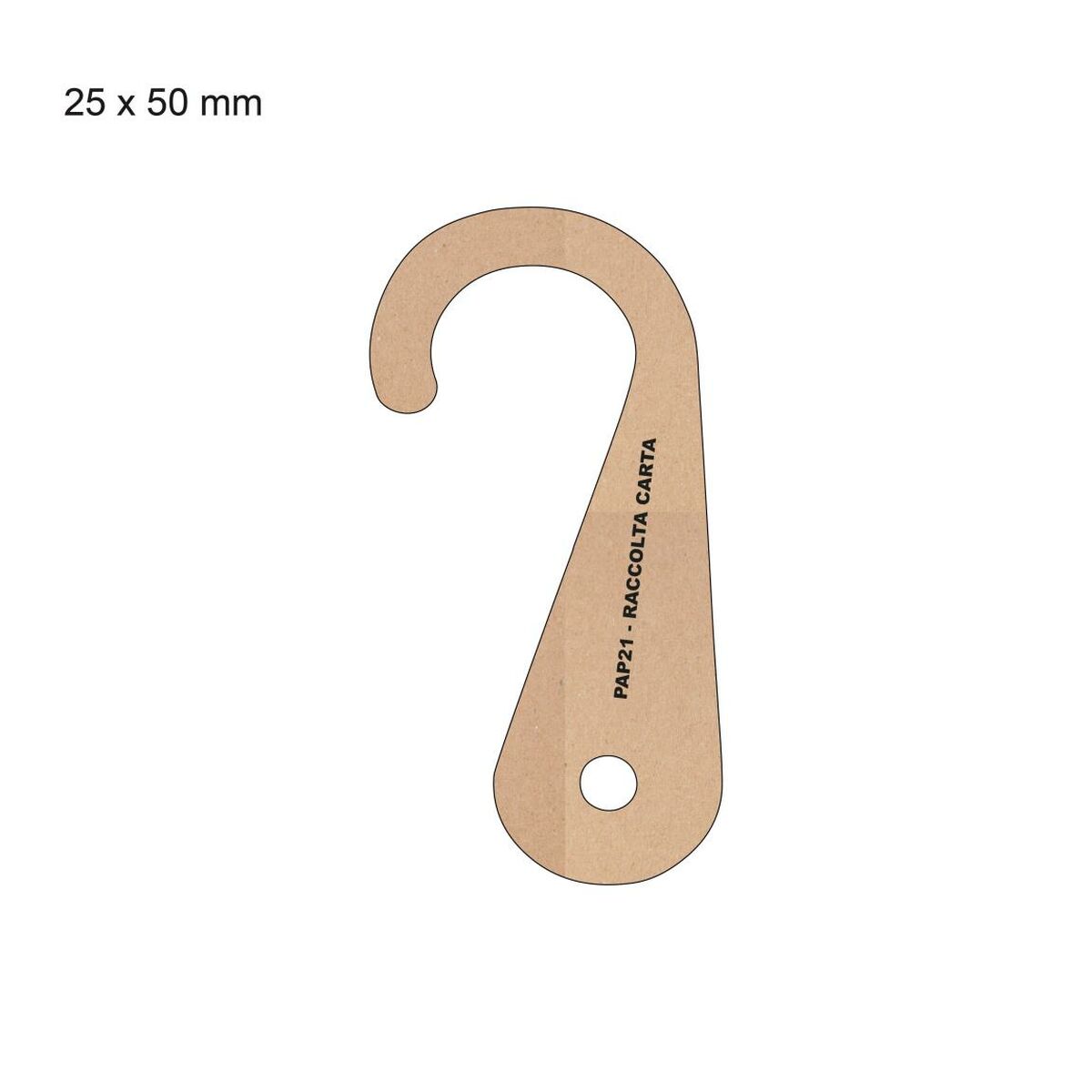 Paper hook label for collection, dimensions 25x50 mm, featuring a rounded top and a hole for hanging.