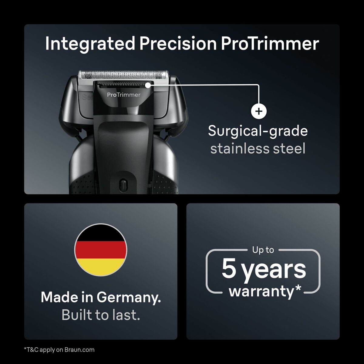 Braun Series 8 8617S electric razor features Integrated Precision ProTrimmer and a 5-year warranty, made in Germany.